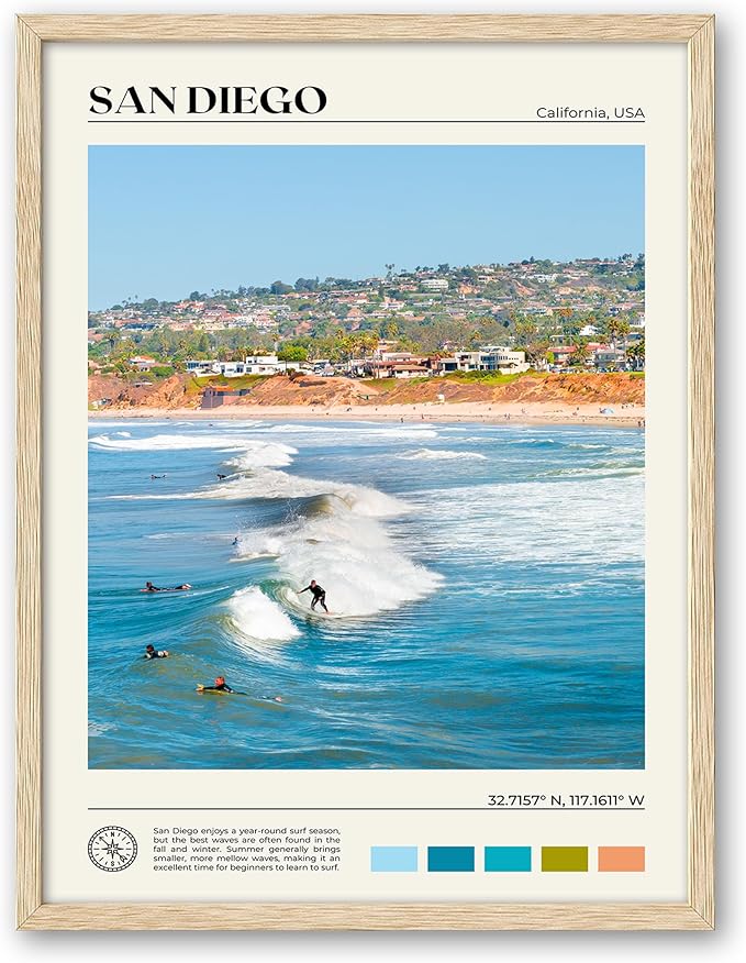 HesenDot Natural OAK Wood San Diego Surfing Framed Wall Art,12x16in Natural Seascape Canvas Wall Print,Classic Urban Landmark Wall Decor for Living Room,Bedroom,Office Gallery Gifts Set of 1