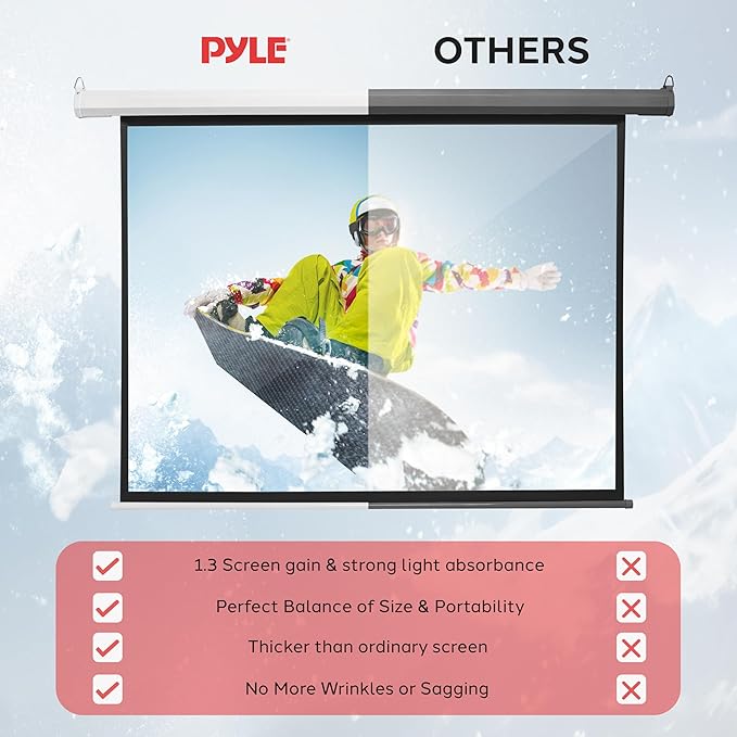 Pyle 72" Portable Motorized Matte White Projector Screen - Automatic Projection Display with Wall/Ceiling Mount, Remote and Case - for Home Movie Theater, Slide/Video Showing - PRJELMT76