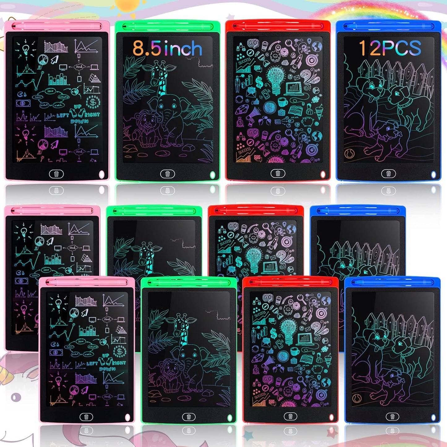 Tinlade 12 Pack LCD Writing Drawing Tablets 8.5 Inch Bulk Colorful Doodle Board Erasable Electronic Painting Drawing Pads Learning Toy Gifts for Kids Christmas School(Pink, Green, Red, Blue)
