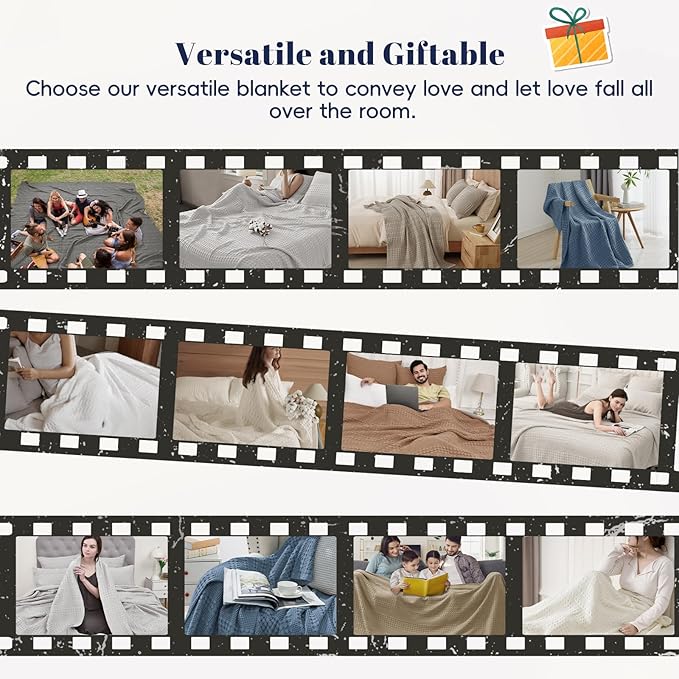 PHF 100% Cotton Waffle Weave Throw Blanket, Soft Lightweight Breathable Cozy Summer Throws for Couch Bed Sofa, Luxury Aesthetic Woven Blanket for Home Decor & Office, 50"x60", Sky Blue