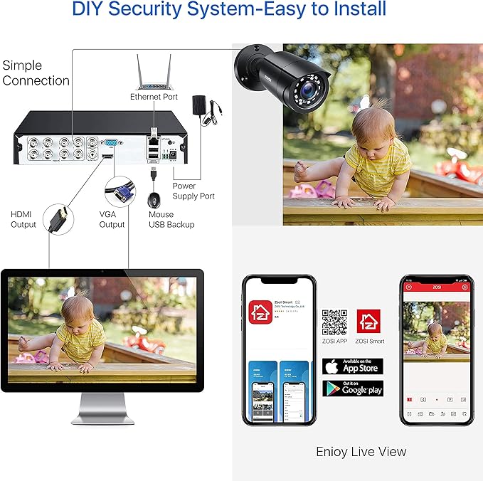 ZOSI 8CH 5MP Lite Security Camera System Outdoor,H.265+ 8 Channel 5MP Lite Video DVR Recorder and 8X1920TVL Weatherproof Home CCTV Cameras,80ft Night Vision,Motion Alert,Remote Access,NO Hard Drive