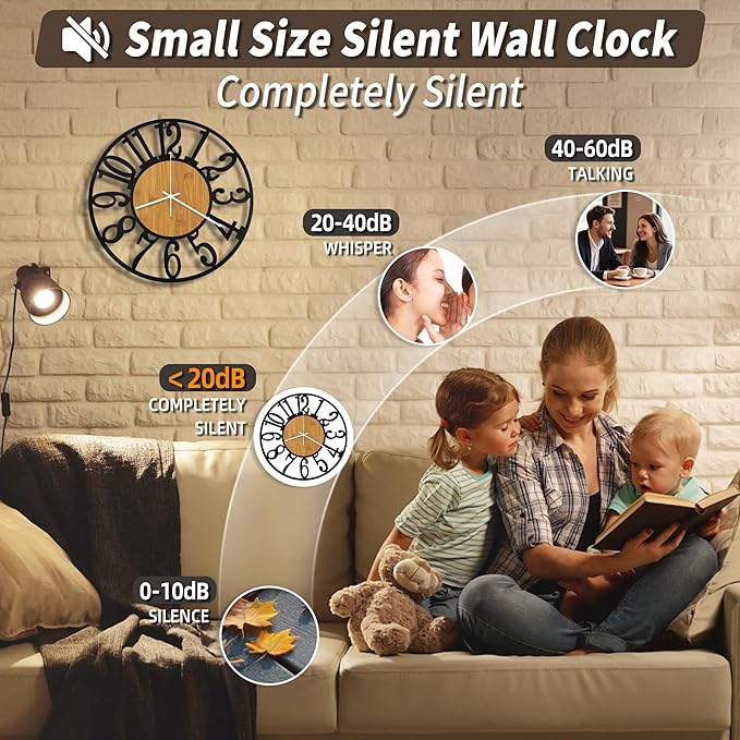 Maxstar Wall Clock Battery Operated,Silent Non-Ticking Modern Rustic Metal Round Clocks Small for Living Room/Bedroom/Office/Kitchen/Farmhouse Home Decor-12 Inch(Yellow-Wood)