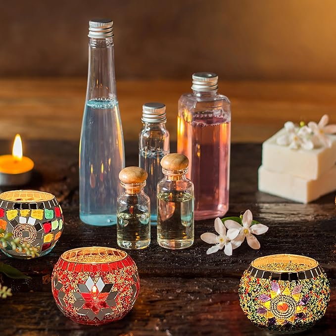 SHMILMH Glass Candle Holder Set of 4, Diwali Gift Votive Candle Holders Handmade Mosaic Glass Tealight Holders Diwali Christmas Table Decorations for Home