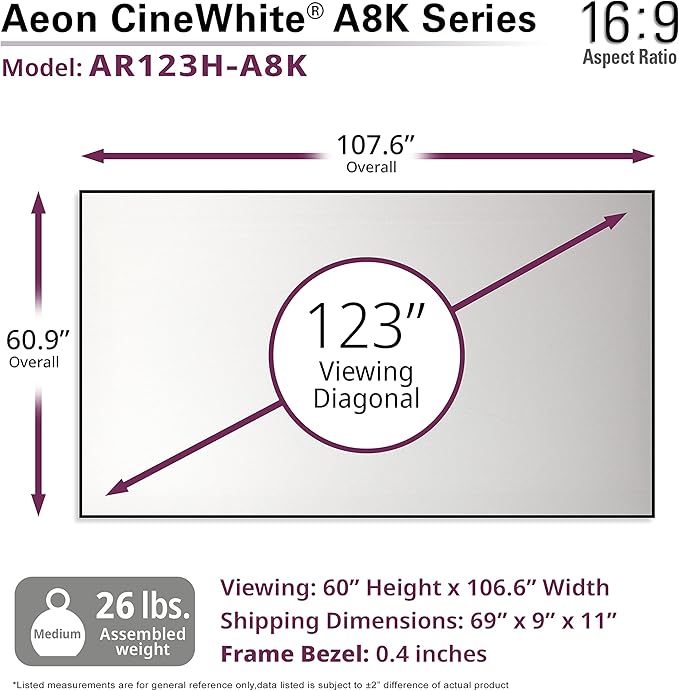 Elite Screens Aeon CineWhite A8K, 123" Diag, 16:9 Aspect Ratio, ISF Certified 8K Ultra HD Home Theater Fixed Frame Edge Free Projection Sound Transparent Perforated Weaved Screen, AR123H-A8K