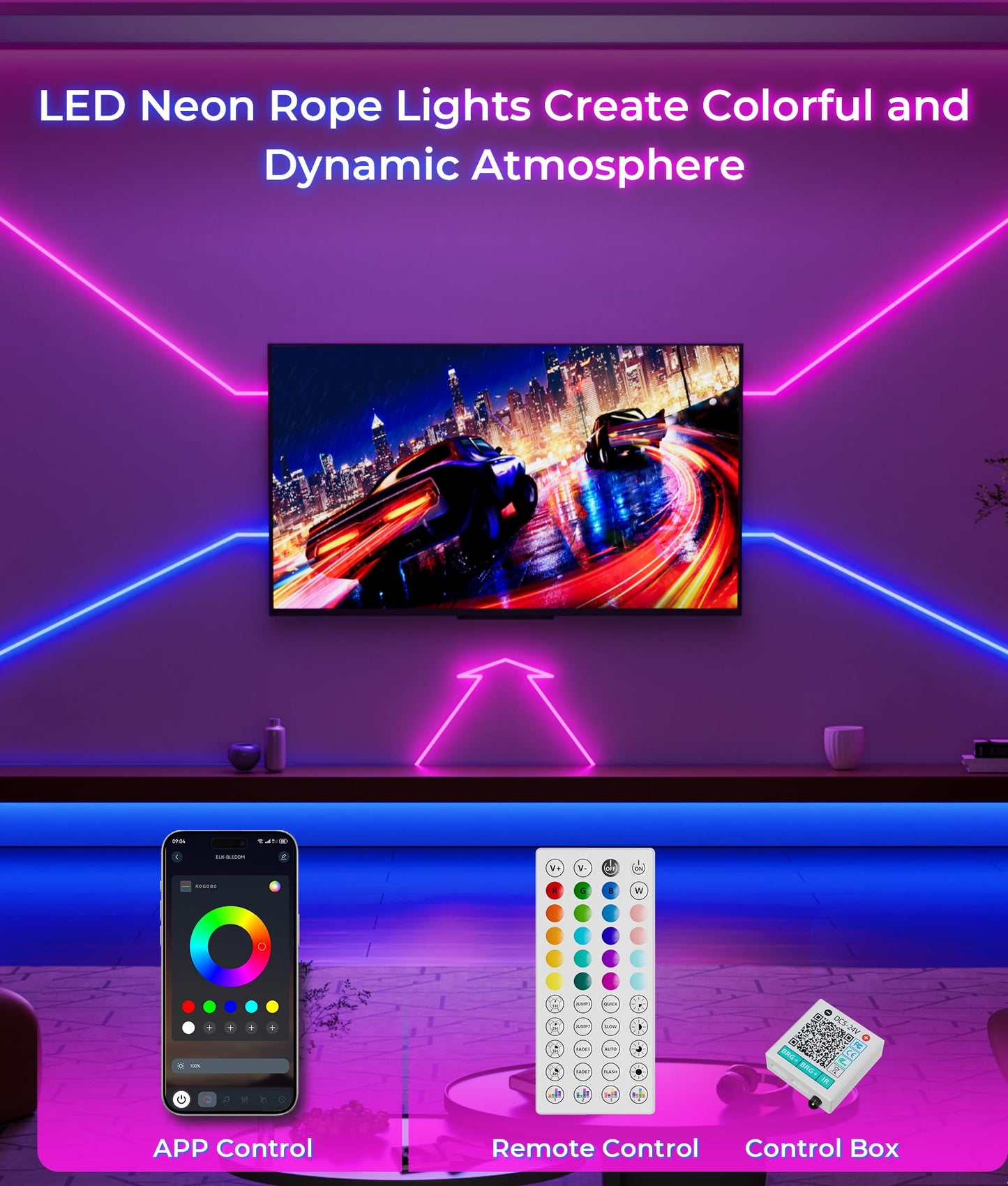 DeckTok Neon Rope Lights - 65FT RGB LED Strip, Waterproof, Music Sync, App/Remote Control, White, Model 3535RGB-60D-65FT