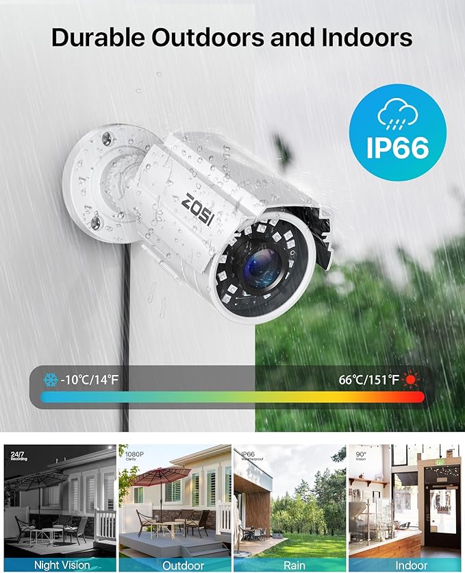 ZOSI 1080P 2.0MP HD 1920TVL Hybrid 4-in-1 TVI/CVI/AHD/960H CVBS CCTV Security Camera Indoor Outdoor, 80ft Night Vision,Aluminum Metal Cam, For 960H,720P,1080P,5MP,4K analog Surveillance DVR (White)