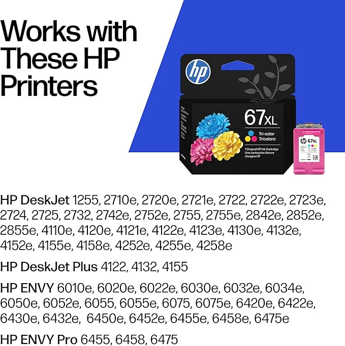 HP 67XL Tri-Color High-Yield Ink Cartridge | Works with DeskJet 1255, 2700, 4100 Series, Envy 6000, 6400 Series | Eligible for Instant Ink | 3YM58AN
