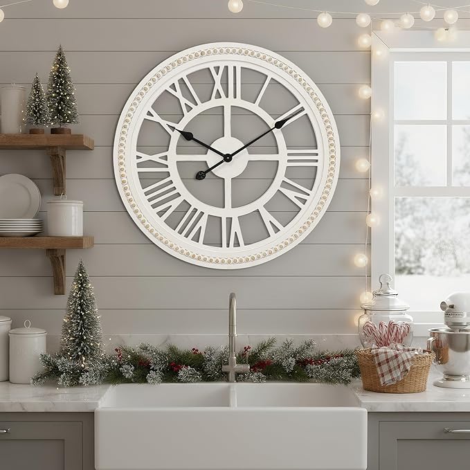 RiteSune 24 Inch Large Farmhouse Wall Clock, Rustic Wall Clock Decor, Wooden, Non-Ticking, Easy to Hang for Living Room, Bedroom, Kitchen