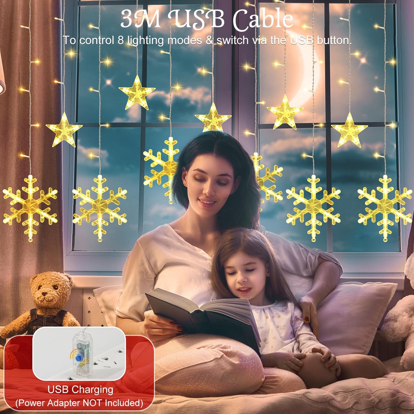 Lewondr 138 LED Christmas String Curtain Lights, USB & Remote Control, 8 Modes, Warm Light, Model HD250052