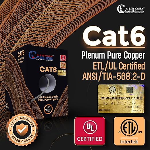 NewYork Cables | CAT6 Plenum Cable 1000ft UL/ETL Listed, 100% Pure Copper, UTP, 550MHz, 23AWG, 4Pair 10GB Ethernet Cable | Certified CMP-Rated Fire-Resistant (1000ft, Pure Copper UL Listed, Grey)