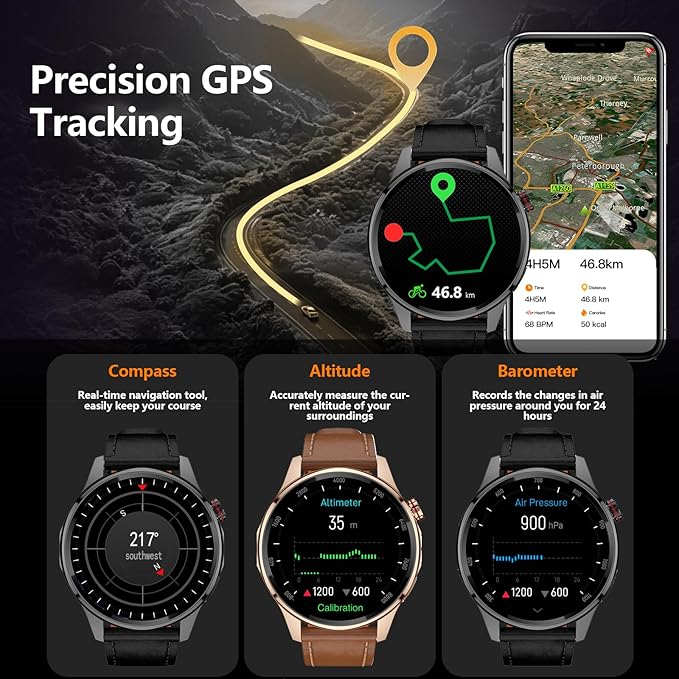 Smart Watch for Men Built-in GPS(Answer/Make Call/Text), 1.46" AI Smartwatch for Android Phones/iPhone, 100+ Sport Mode Fitness Tracker with Health/Sleep Monitor, Compass/Barometer/Altitude(2 Straps)