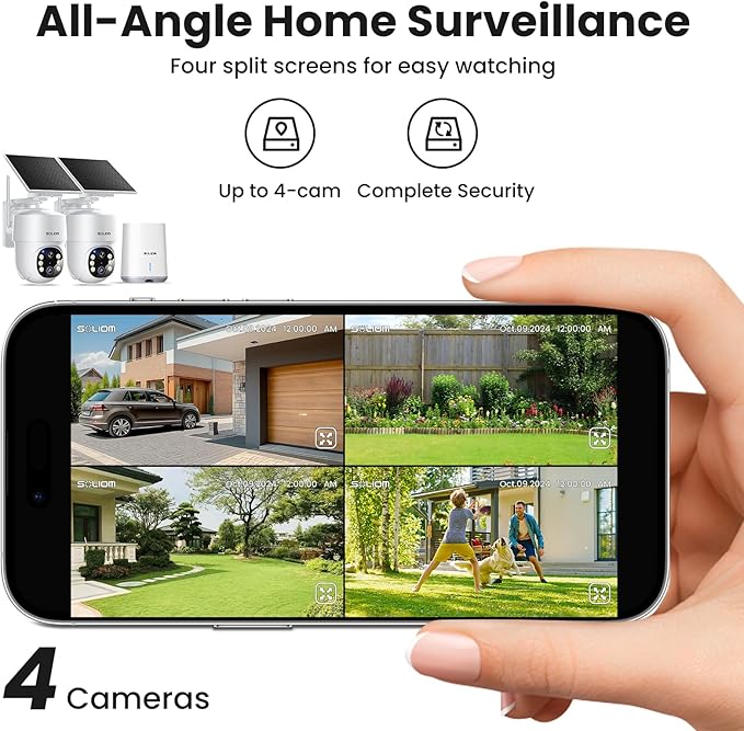 SOLIOM- 5MP Security Cameras Wireless Outdoor, No Subscription,2-Cam Pack, Solar Powered Home Security Camera with 360° Auto Tracking, Pan & Tilt, 3K Color Night Vision,5G & 2.4G Router Compatible