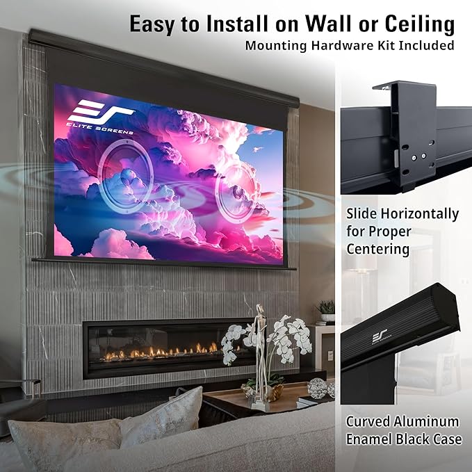 Elite Screens Saker Tab-Tension AcousticPro UHD Series, 110-INCH Diagonal 16:9, 4K/8K Ultra HD Electric Sound Transparent Perforated Weave Drop Down Front Projector Screen, SKT110UH2-E24-AUHD