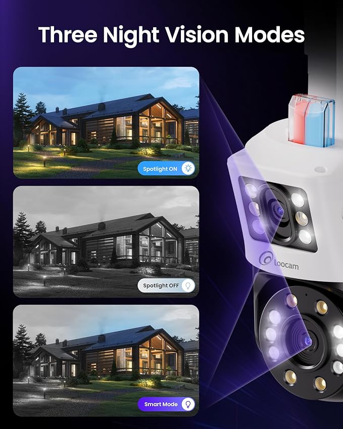 Loocam Dual-Lens 4K PoE Security Camera System, 4pcs Pan/Tilt CCTV Wired PoE IP Camera Outdoor Indoor, AI Person/Vehicle, Spotlight Siren, Color Night Vision, 8CH 8MP NVR with 2TB HDD