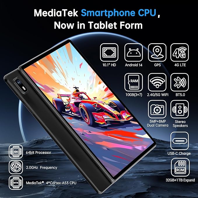 10 Inch Tablet Android 14 Tablet with Sim Card Slot Unlocked, 10GB RAM, 32GB ROM, 1TB Expandable, 8MP Camera, 2.4G/5G WiFi, BT5.0, Cellular Tableta with GPS, Protective Case (Blue)
