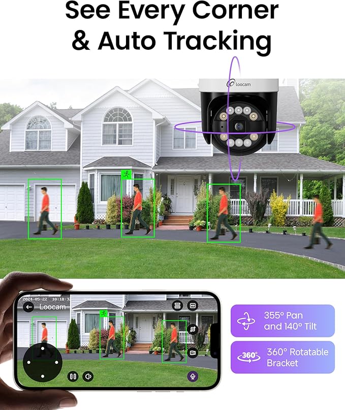 Loocam 5MP Home Security Camera System, 4pcs Pan & Tilt Wired PoE IP Cameras Set for Indoor Outdoor, AI Person/Pet/Vehicle Detection, Color Night Vision, 4K 8CH NVR 2TB HDD Included, Plug & Play