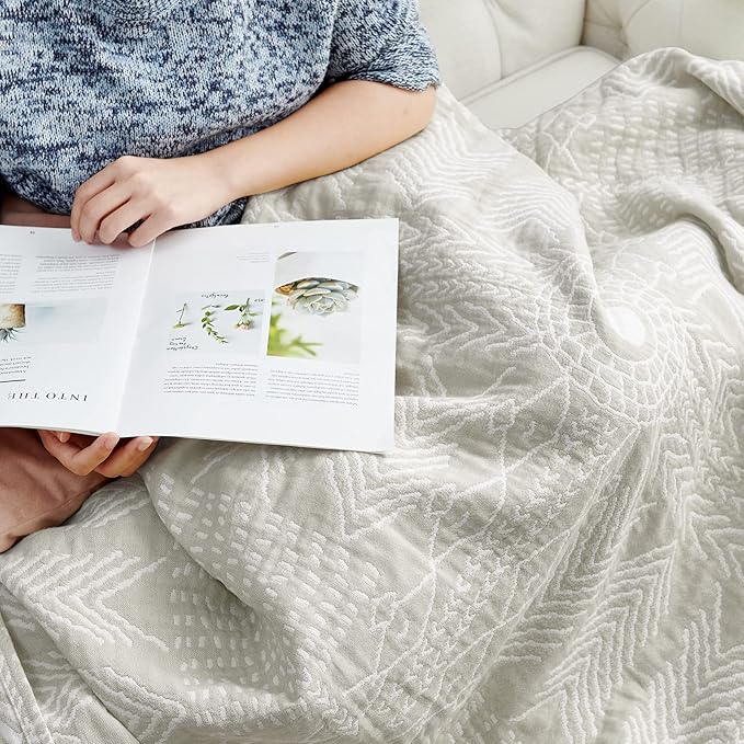 JINCHAN Boho 100% Cotton Muslin Blanket 3-Layer Twin Size Geometric Lightweight Reversible Soft Cozy Throw for Couch Sofa Bed All Season Coverlet Gift Bedroom Living Room Decor Light Grey 60x80 Inches
