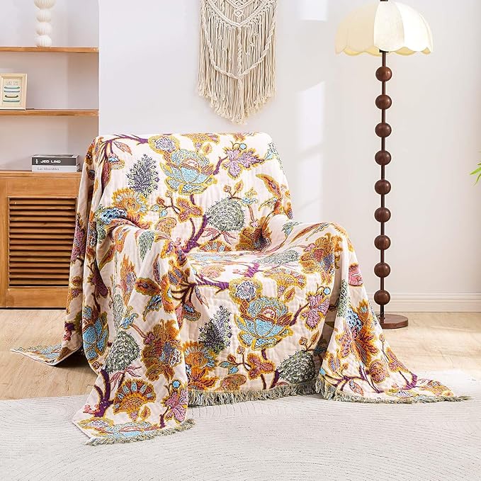 Boho Throw Blanket for Bed, 100% Cotton Soft Rustic Quilt Fall Blanket, 80"x90" Floral Printed Farmhouse Decor Bed Blankets, All Season Rustic Reversible Bohemian Throw Quilt
