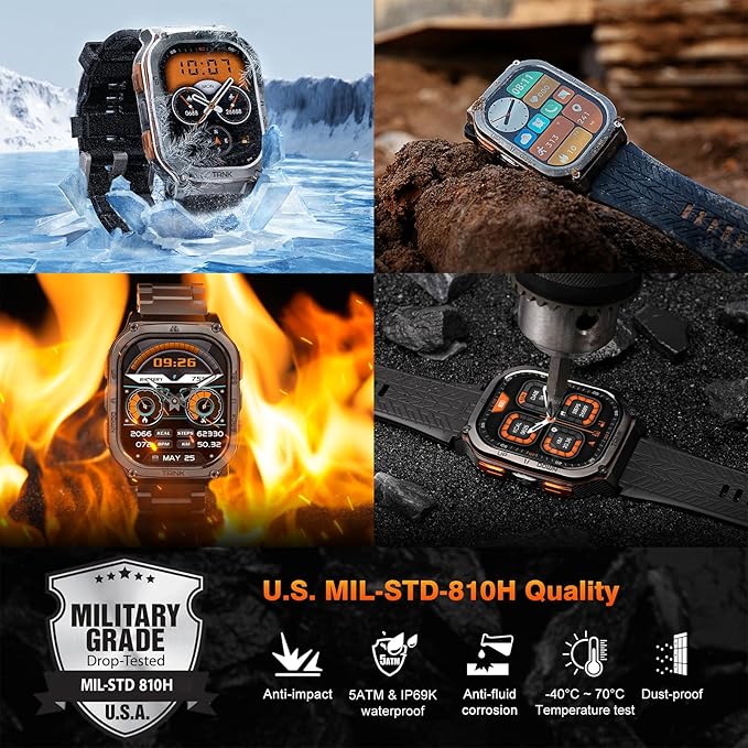 AMAZTIM Military Smart Watch with GPS, 6 Satellite Positioning/Compass, Stainless Steel Body, Waterproof, 480mAh Extra-Large Battery, Answer/Make Call, 2" AMOLED Screen, Compatible for Android iOS
