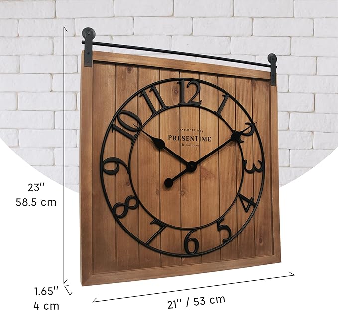 Presentime & Co Farmhouse Barn Door Clock, Shiplap Style, Brown Wood Color, Silent No Ticking, 3D Arabic Numeral, 23" H x 21" W. Home Decoration/Wall Decoration/Farmhouse Décor