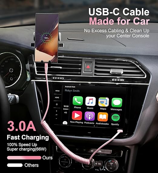 Coiled USB A to USB C Cable for Car [2-Pack, 6ft], USB Type C Cable Fast Charging, iPhone USB-C Charger Cable Compatible with iPhone 17/16/15/Plus/Pro/Pro Max/Samsung Galaxy A10e A20 A50 S20 S10E-Pink