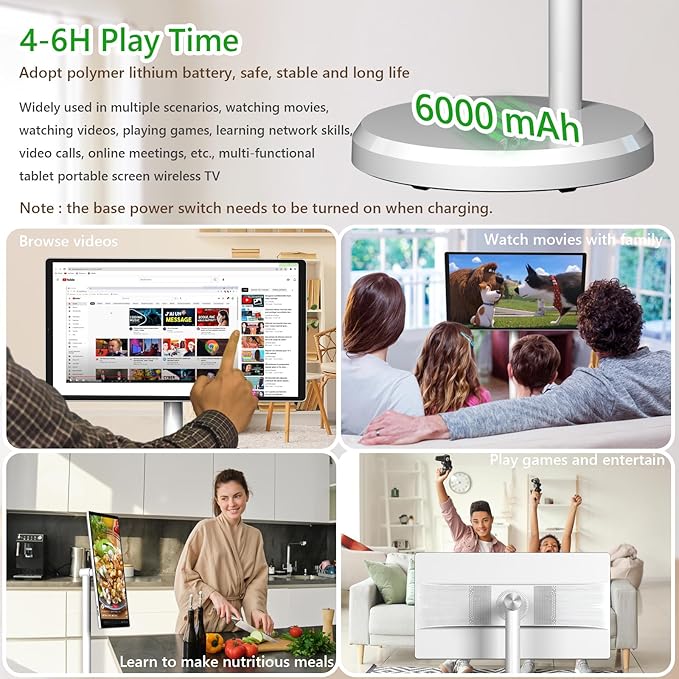 OFD 21.5 Inch 2nd Gen Portable TV on Wheels 1080P,100%sRGB,6+128GB Storage,Android 15 OS Touchscreen RollingTV with 13MP Webcam,Remote Control,Wireless Projection,6000 mAh Battery,EDLA-Certified,White