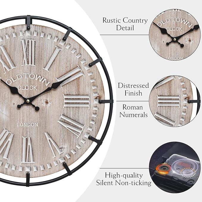 12 Inch Farmhouse Wall Clock Rustic Antique Wood with Metal Circle and Large Engraved Numerals, Silent Battery Operated Wall Clock for Office Kitchen Bedroom Living Room