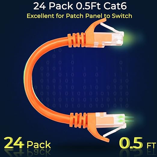 Rapink Patch Cables Cat6 0.5ft (24 Pack), Ethernet Patch Cable 10G Support, Cat 6 Patch Cable for Patch Panel to Switch, Flexiable Cat 6 Ethernet Cable with Gold Plated Orange