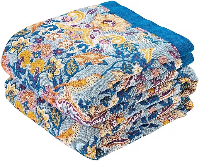Boho Throw Blanket for Bed, 100% Cotton Soft Rustic Quilt Fall Blanket, 80"x90" Floral Printed Farmhouse Decor Bed Blankets, All Season Rustic Reversible Bohemian Throw Quilt