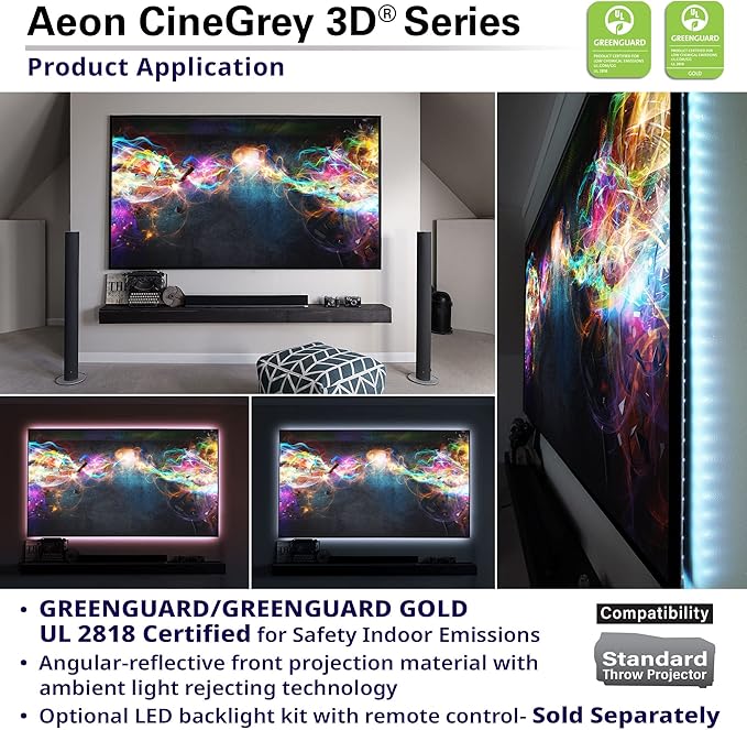Elite Screens 158 inch CLR/ALR Projector Screen 16:9 4K, Standard Throw Projection, Edge Free Ambient Light Rejecting Grey for Indoor Movie Screen Home Theater - Aeon CineGrey 3D- AR158DHD3