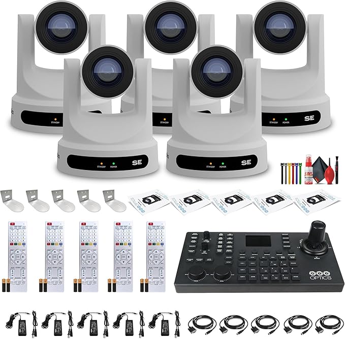 PTZOptics 5 x Move SE PTZ Camera with 20x Optical Zoom + SuperJoy PTZ Camera Controller + 5 x Wall Mount + Cleaning Kit + Wire Straps