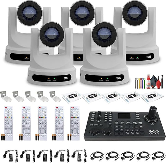 PTZOptics 5 x Move SE PTZ Camera with 20x Optical Zoom + SuperJoy PTZ Camera Controller + 5 x Wall Mount + Cleaning Kit + Wire Straps
