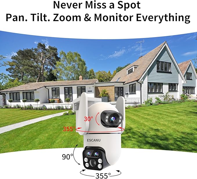 Three-Lens Security Camera Wireless Outdoor,2K 360° View Cameras for Home Security,Solar Battery Powered Camera with10x Hybrid Zoom,Motion Detection,Night Vision,No Subscription Fee,Waterproof