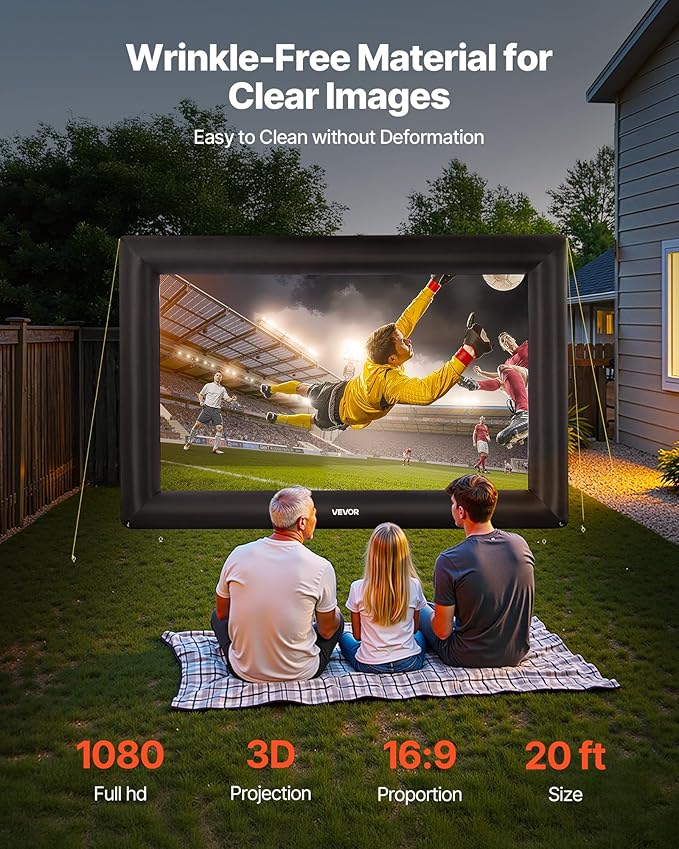 VEVOR 20FT Inflatable Projector Screen, Inflatable Movie Screen Outdoor with 250W Air Blower Projector Screen Oxford Fabric Material Blow Up Screen for Outdoor Backyard, Home Theater, Theme Party