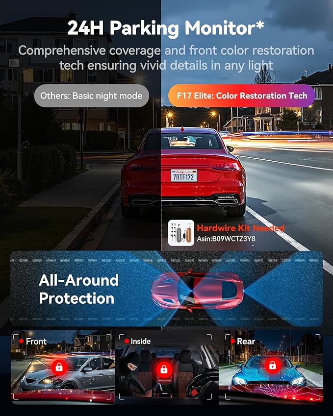 REDTIGER F17 Elite 4K Dash Cam 3 Channel, STARVIS 2 IMX678 & IMX675, 128GB Card, Full Night Color, 4K+2.5K+1080P Front and Rear Inside, Voice Control, 5GHz WiFi-30MB/s Download, GPS, HDR, Parking Mode