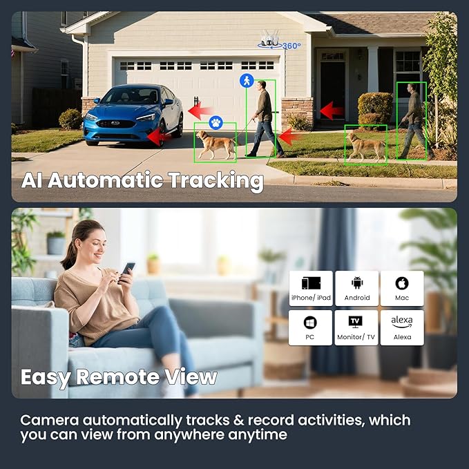 xmartO 16CH 12-Camera WiFi6 Security Camera System Wireless Outdoor/Indoor, 16CH 4K NVR with 4X 2K HD Dual Lens Cameras with Auto Tracking, 1TB HDD (Plug-in 24/7 Surveillance, Long Range WiFi)