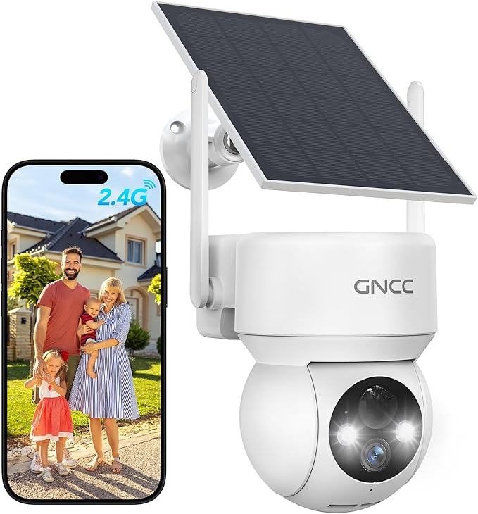 GNCC Solar Security Camera Wireless Outdoor 2.4G WiFi, 360° View, Solar/Battery Powered, AI Human Detection, Color Night Vision, 2-Way Audio, Spotlight Siren Alarm, IP65 Waterproof, SD/Cloud Storage