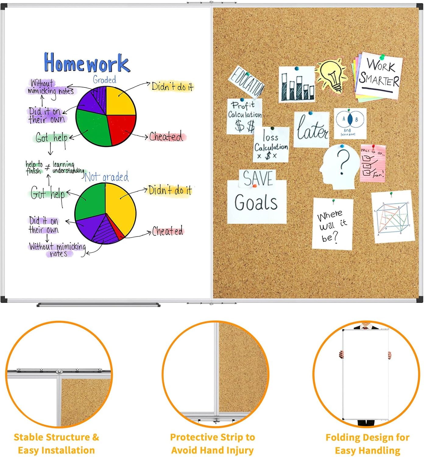 XBoard Magnetic White Board and Bulletin Corkboard Combination, 60 x 48 Inch Foldable Dry Erase & Cork Combo Board for Wall with Aluminum Frame, 5' x 4' Notice Memo Board Pin Vision Board