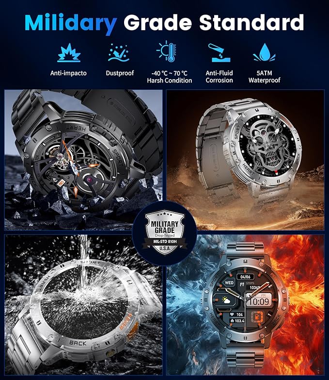 LIGE 1.43" AMOLED Smart Watch for Men with Flashlight, Bluetooth Calling, 100+ Sport Modes, 530mAh, IP68 Waterproof Fitness Tracker for Workout, iOS Android Compatible, Black Steel Black Silicone