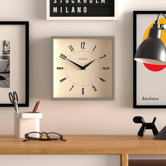 JONES CLOCKS® Box Wall Clock | Retro Square | 10 inch | Gray | Easy to Read Numbers | Perfect Kitchen or Office Clock