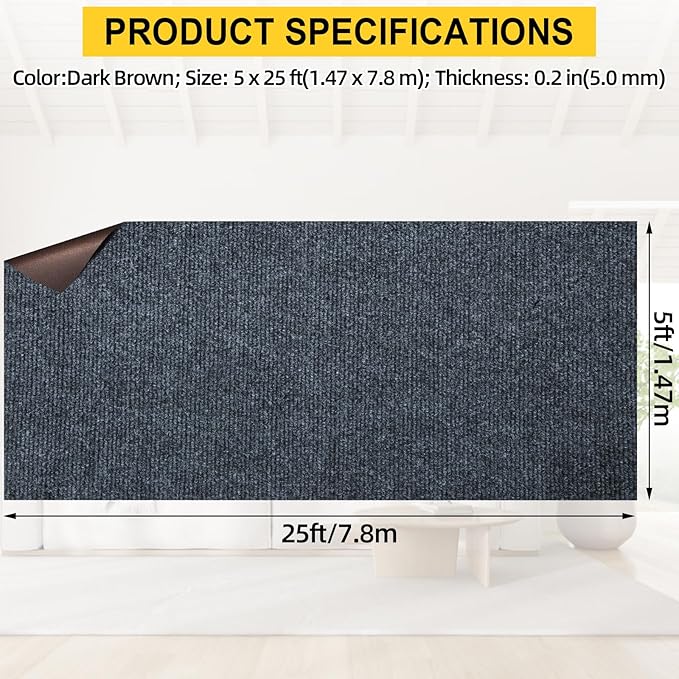 Marine Carpet,5 FT x 25 FT Dark Gray Indoor Outdoor Carpet 0.2" Thick Boat Carpet with Water-Proof TPE Backing, Non-Slide Outdoor Marine Carpet Roll for Home, Patio, Porch, Deck