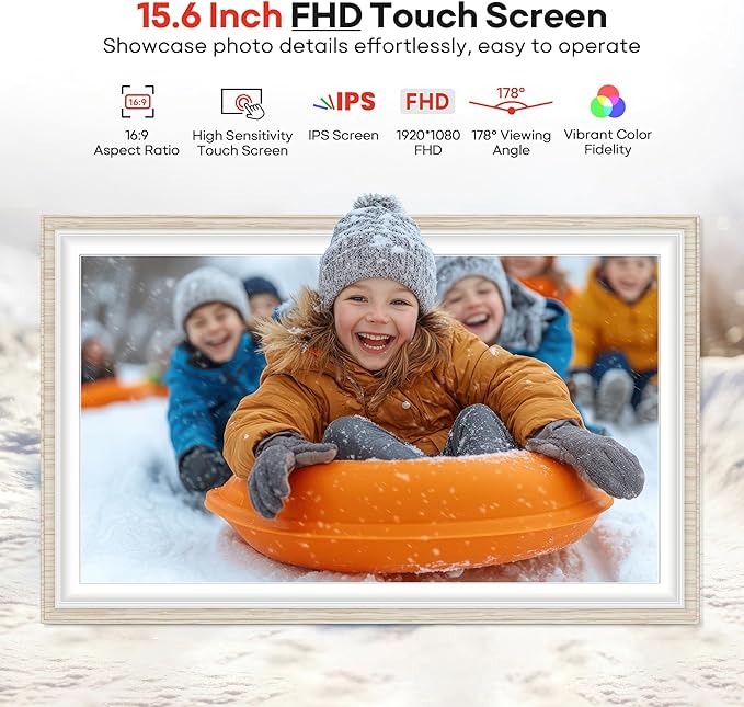 64GB Frameo 15.6" Digital Picture Frame Large 1920 x 1080 IPS FHD Touch Screen WiFi Electronic Photo Frames Share Moments Instantly Anywhere Best Gifts for Parents and Grandparents White Wood