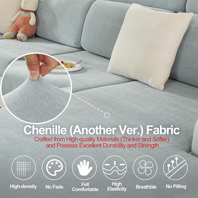 Large Backrest Cushion Covers Super Stretch Backrest Covers for 3 Cushion Couch Sofa, Couch Back Cushion Covers Featuring with Chenille Yarn (Softer Version, 3PC, Light Grey)