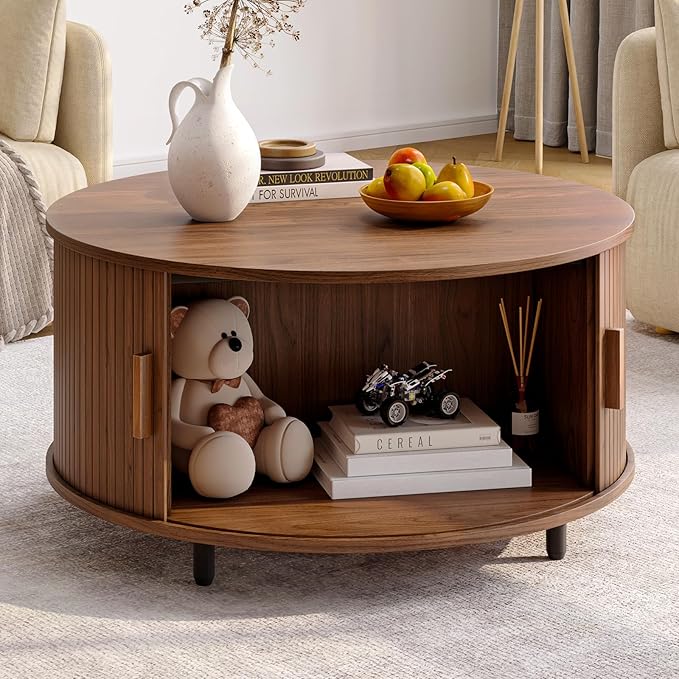 Round Coffee Table with Storage, 31.5" Modern Coffee Table with 360° Curved Sliding Door, Fluted Wood Accent Coffee Table with Adjustable Footpads, Round Center Table for Living Room, Walnut