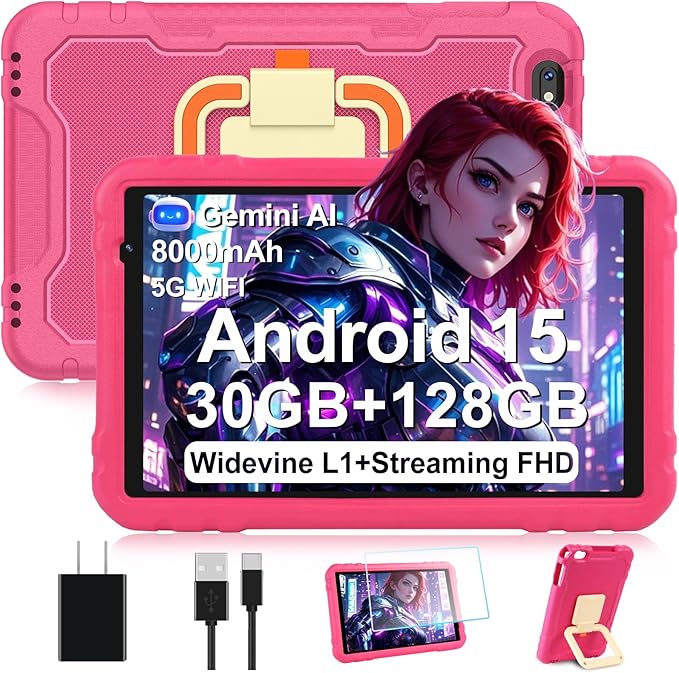 2025 Tablet 10 inch Android 15 Tablets 30GB RAM 128GB ROM 1TB Expand, 8000mAh Octa-Core Tablet with Drop-proof Case, Gemini AI, HD IPS Display, GPS, 5G WIFI, Split-screen, Widevine L1 -Metal Rose Red
