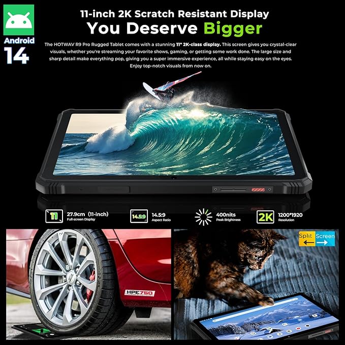 HOTWAV R9 Pro Rugged Tablet 2K 11 inch Android 14 Tablets - 20080mAh Waterproof Tablet 20GB+256GB/2TB TF Work Tablets, 64MP+16MP Camera Octa-Core IP68IP69K,4G Dual SIM/5G WiFi/Face ID/GPS/OTG