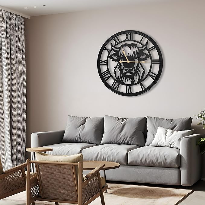 24Inch Large Wall Clocks Battery Operated,Farmhouse Black Metal Non-Ticking Wall Clock,Wall Clocks for Living Room Decor,Bedroom,Kitchen(Highland Bull Wall Clock, 24 Inch)