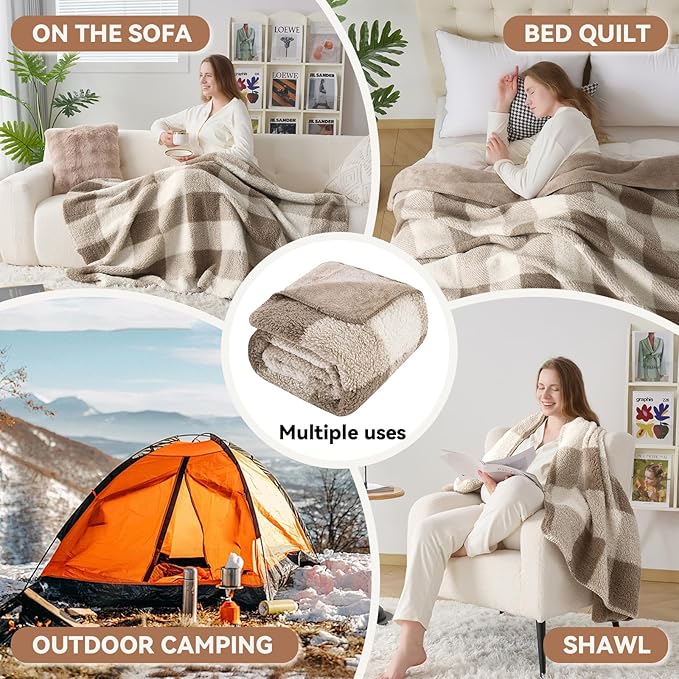LURKA Checkered Sherpa Fleece Queen-Size Bed Blanket - Extra Thick and Warm Winter Soft Fuzzy Plush Blanket for Couches, Beds & Pets, Khaki, 90x90 Inches