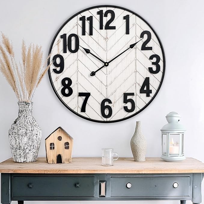 24 Inch Large Wall Clock, Rustic Wooden Farmhouse Wall Clock with Black Metal Frame, Battery Operated Non-Ticking Silent Wall Clocks for Living Room, Kitchen, Bedroom (Whitewashed)