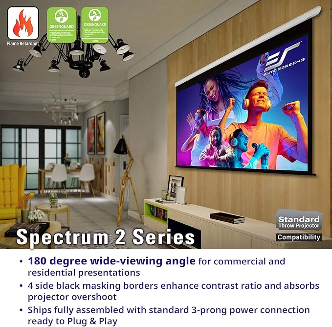 Elite Screens Spectrum2, 100-inch 16:9, 12-inch Drop, Electric Motorized Drop Down Projection Projector Screen, SPM100H-E12